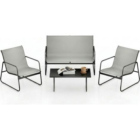 Salon de jardin extérieur - 4 Personnes - canapé 2 places avec table basse - 2 fauteuils - 1 Table Verre Trempé - Cadre Métal - Gris