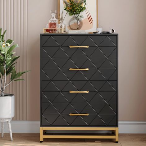 Commode moderne 4 tiroirs en bois noir 40x60x92 cm, poignées métal anti-basculement, rangement chambre salon couloir (1/5)