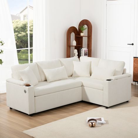 Sofá cama esquinero 206.5x141x86 cm beige en chenilla con chaise longue derecha, almacenaje, USB y portavasos (1/5)