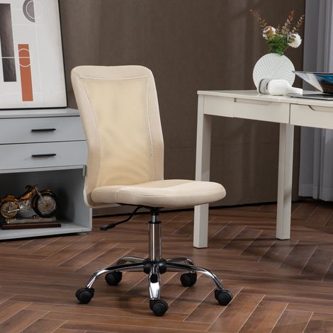 Silla de oficina ergonómica, regulable en altura, base cromada, giro de 360°, tapicería de malla beige.