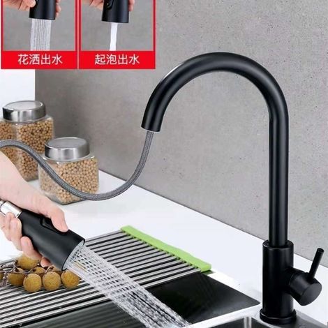 Cross-border trade stainless steel pull-out kitchen faucet, hot and cold water universal telescopic faucet for vegetable sinks and dishwashers -- Black pull-out