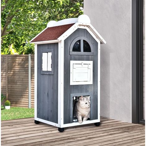 Maison pour chat en bois grise à 2 niveaux, avec hamac et balcon, repos et observation, 59 x 55 x 109 cm (1/5)