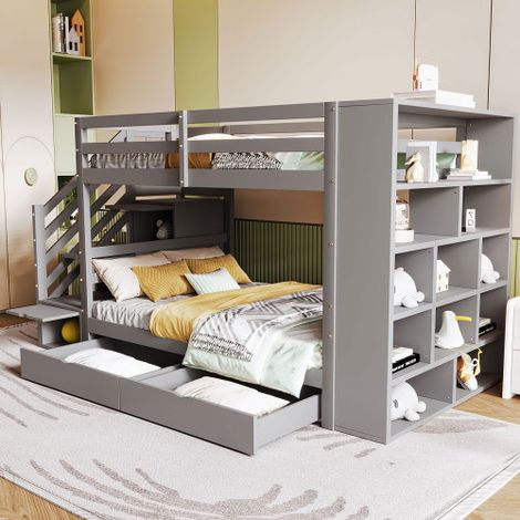Lit superposé - lit 90x200 cm - avec tiroirs et grands placards - structure avec sommier à lattes - en bois - gris - sans matelas (1/5)
