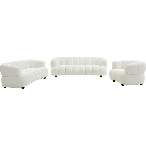Canapé 3 places, 2 places et un fauteuil en tissu bouclette blanc COLIANI (1/5)
