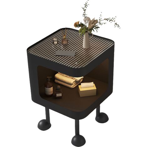 Table de chevet design minimaliste compact 30x30x50cm en fer et verre noir avec étagère ouverte pour chambre salon (1/5)
