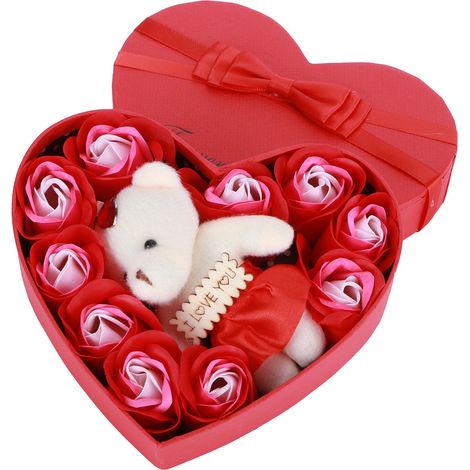 Fleurs de savon en forme de rose artificielle avec coffret cadeau ours, rouge, pour un anniversaire ou la Saint-Valentin