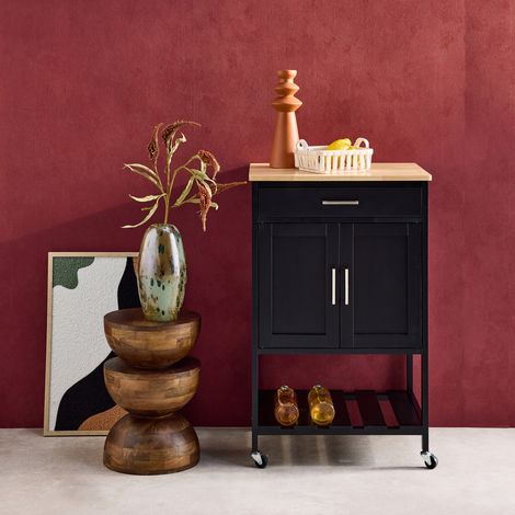 Sweeek – Desserte de cuisine noire – Plateau en bois d'hévéa 56 x 46 x 90 cm – 4 roues avec freins – 1 tiroir et 2 étagères – Double porte