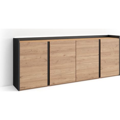 Skraut Home - Credenza, Mobile, Cucina, Madia, mobile ingresso, 207x35x80cm, 4 Porte, LED, Stile moderno, Rovere e nero (1/5)