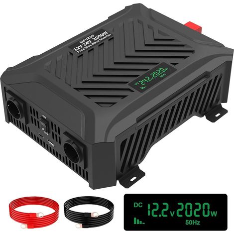 Convertisseur Dual-Voltage 12V/24V vers 220V à Pur Sinus 2000W, Détection Automatique de Tension, Transformateur Puissance Crête 4000W, 2 Prises Européennes, USB-C et USB-A écran LCD (1/5)