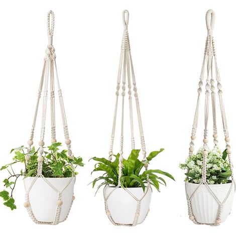 3 pcs macrame plante cintre pour plantes d'intérieur, panier avec des perles, support de pot blanc, 35 pouces, décoratif (1/5)