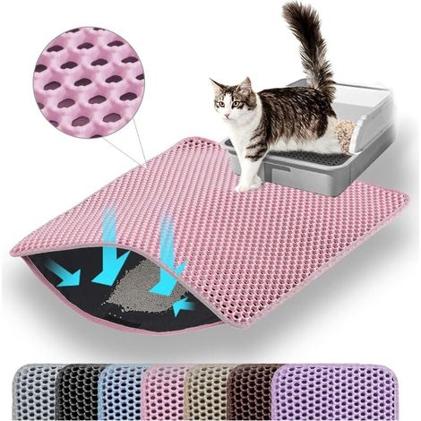 Tapis de litière pour chat, double couche, nid d'abeille, antidérapant, imperméable et anti-urine, accessoire pour chat, 3030 cm, rose (1/4)