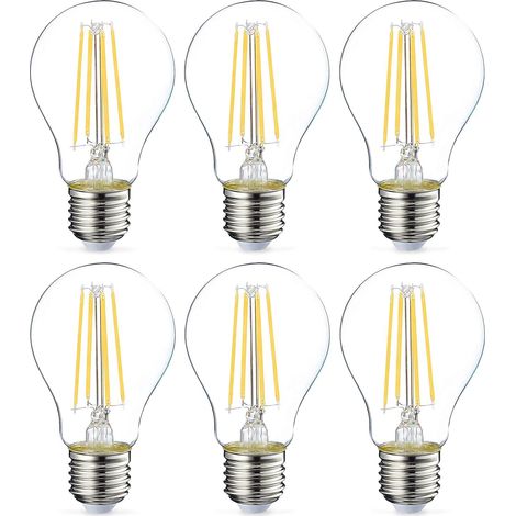ampoules LED Culot Edison à vis E27 8 W (équivalent 60 W) blanc chaud Filament transparent Intensité non variable, Lot de 6 [Classe énergétique E] (1/5)