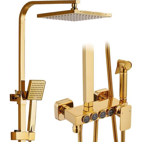 Kit colonna doccia multifunzione, set doccia in ottone anticato, colonna doccia con miscelatore, con soffioni grandi, set doccia con soffione e bidet, kit doccia completo in oro spazzolato.
