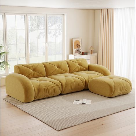 Modulares Ecksofa 3-Sitzer mit Hocker, ohne Montage, gelber Chenille HAVRYA (1/5)