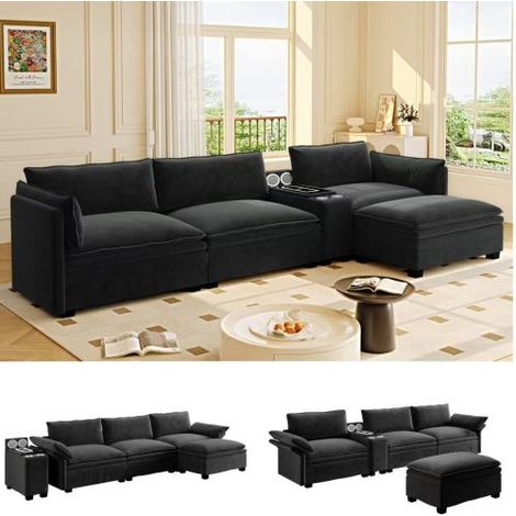 Divano componibile da 315 cm, divano a L in ciniglia effetto nuvola con contenitore, pouf, ricarica wireless, altoparlante, luce, 2 portabicchieri, divano per soggiorno, ufficio, nero (1/5)