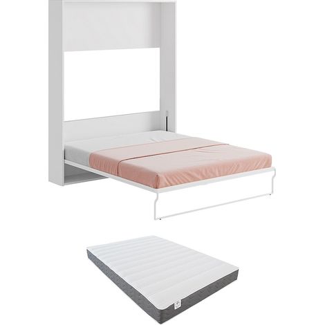 Letto a scomparsa con apertura verticale manuale 160 x 200 cm Bianco e Grigio + Materasso - MALINA II