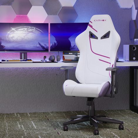 Chaise de jeu ergonomique en tissu pour adultes, chaise de bureau style racing avec dossier haut, hauteur réglable pour adolescents, avec appui-tête et soutien lombaire pour femmes, blanc et violet.