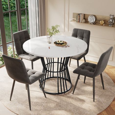 Table ronde à manger MDF noir effet marbre avec pieds métal, Ø100x75 cm (1/5)