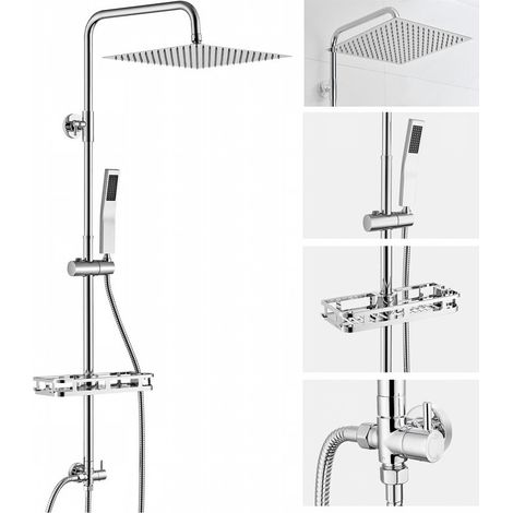 Auralum Max Colonne de Douche Sans Mitigeur 12 Pouces Pommeau Carré Inox-Barre Coulissante 72-110cm Réglable-Douchette-Flexible Anti-Torsade 1,5m-Étagère Sans Perçage Baignoire et Salle de Bain-Chromé (1/5)