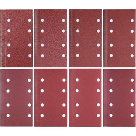 Lote de 80 hojas de lija de 93 x 185 mm – 8 agujeros – Surtido de granos 40/60/80/120/180/240/320/400 – Para lijadora de madera dura (1/5)