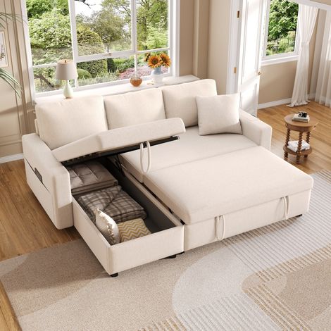 Divano angolare convertibile in letto con contenitore, chaise longue reversibile, beige, OKWISH (1/5)