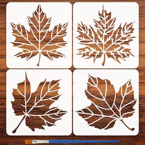 4Pièces Pochoirs Silhouette Feuille Érable Avec Un Pinceau 30x30cm Grands Pochoirs Peinture Feuille Automne Pochoir Feuilles Plante Modernes Thèmes Automne Modèle PET pour Bois Sol DIY (1/5)