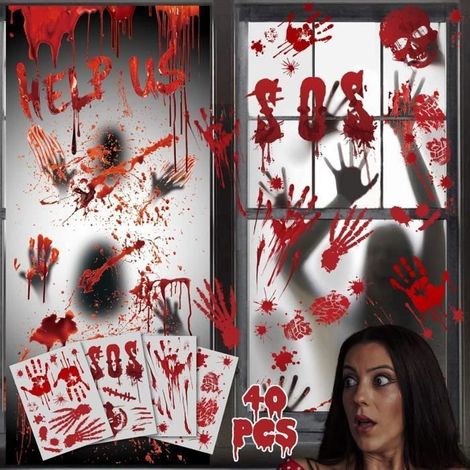 Autocollants Halloween MARSEE Autocollants réutilisables pour fenêtres d'intérieur avec empreintes sanglantes Rou KIT DE DECORATION (1/2)