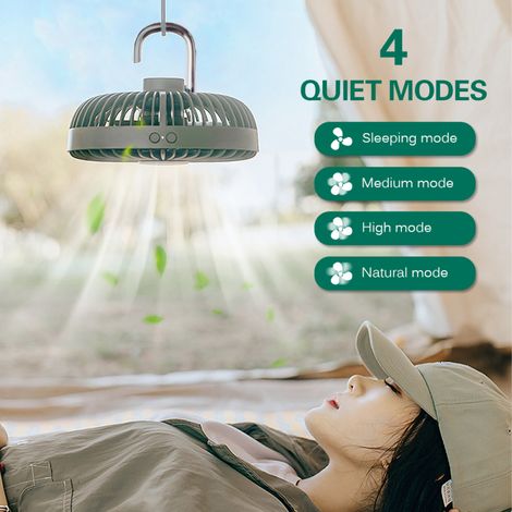 Ventilateur de camping USB – 4 vitesses, suspendu, LED, rotation 360°, silencieux – Camping, bureau, plein air