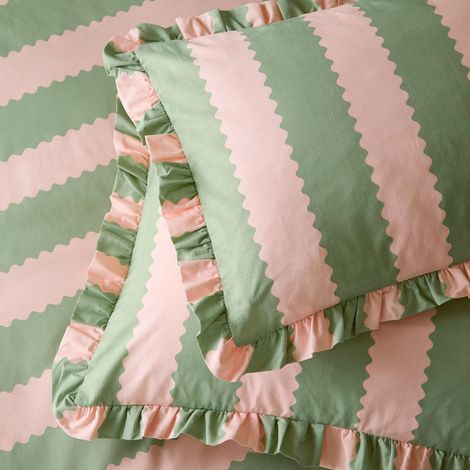 Birdie Stripe Paire De Taies d'oreiller – Housses De Coussin Réversibles À Volants en Coton Riche (Rose/Vert – 50x75cm) (1/5)
