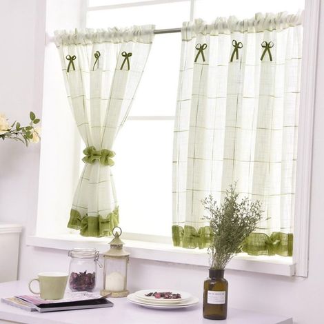 Rideau brise-bise en lin semi-transparent – Coton mélangé vert – Dimensions 90x90cm – Prêt à accrocher pour cuisine – Motif écran carré – Rhafayre (1/4)