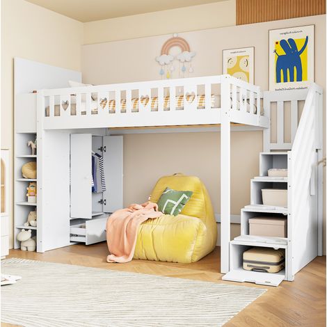 DESVIAE Lit mezzanine avec échelle de rangement étagères armoire de rangement rabattable garde corps en forme de cœur 90 x 200 cm pin blanc (1/5)
