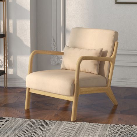 Fauteuil Lounge de Salon - 3 Coussins Inclus, Assise Profonde, Accoudoirs, Structure en Bois d'Hévéa, Aspect Velours, Beige