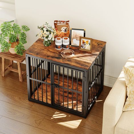 Gabbia per cani 68.4x53x61 cm, con 3 porte, piano impermeabile, tavolino, ferro, nero e marrone (1/5)