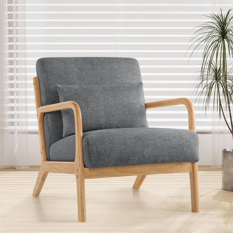 Accent Sessel mit Kissen, Moderner Polstersessel mit Holzrahmen, Dunkelgrau (1/5)