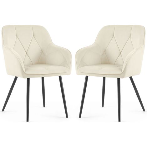 Lot de 2 Chaises en velours matelassées DIAMANTE Crème pieds noirs (1/5)
