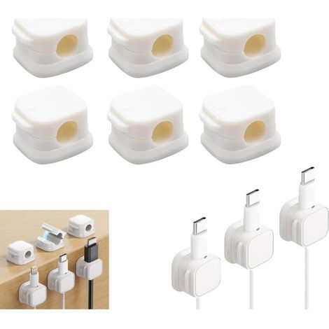Lot de 6 supports de câbles réglables - Gestion des câbles magnétique - Auto-adhésif - Pour bureau, table de chevet, câbles de charge, HDMI, USB, câbles audio - Blanc (1/4)