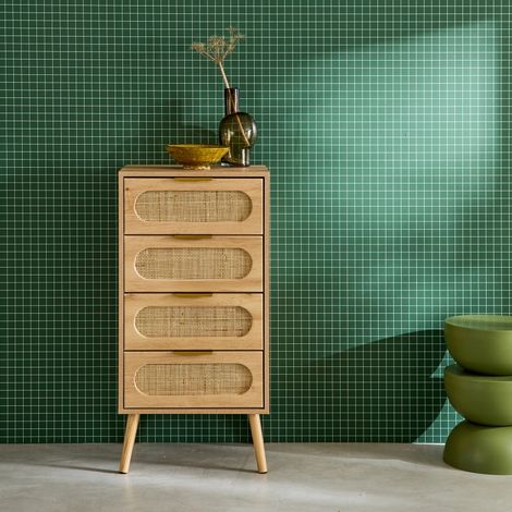 Sweeek – Commode chiffonnier bois naturel 4 tiroirs – Poignées métal doré – Dimensions L 48 x P 39,5 x H 96 cm – Style bohème