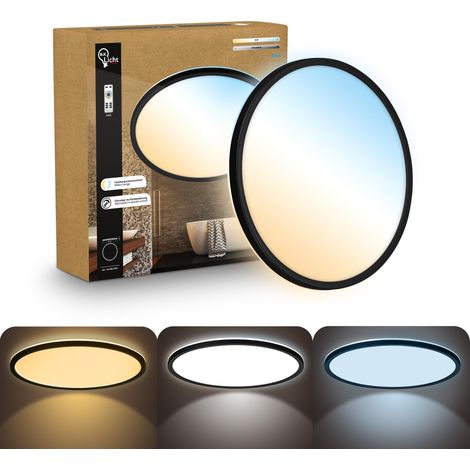 Plafonnier LED plat avec télécommande, CCT réglable de chaud à lumière du jour, intensité réglable, IP44, plafonnier salle de bain, lustre cuisine, lustre salon, 42 x 3 cm, noir (1/3)
