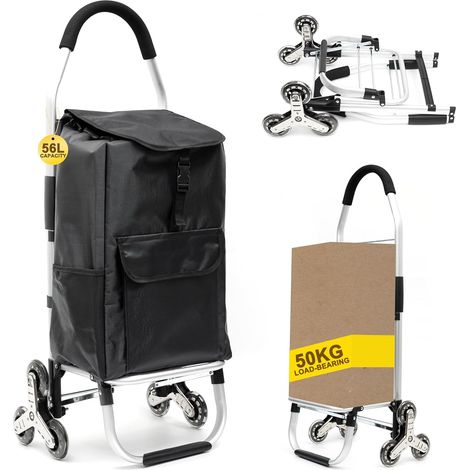 Chariot De Courses Pliable Amovible 6 Roues (56 L),Chariot de Rangement à roulettes avec Sacs de Courses Imperméable et Cordon élastique Ajustable,Chariot à roulettes Escalier,Noir (1/5)