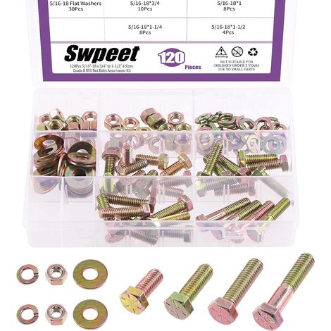 Assortiment de 120 écrous et rondelles de 5/16"-45,7 x 1,9 cm à 3,8 cm, 5 tailles de grade 8, assortiment de boulons à tête hexagonale, boulons plats et rondelles de verrouillage (1/5)