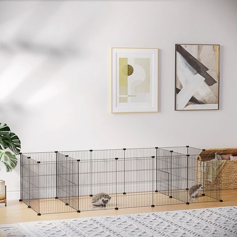 Parque modular para animales pequeños (conejos, roedores, cachorros): 18 paneles de malla metálica, 2 puertas, 175 x 70 x 45 cm, negro. (1/5)