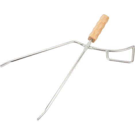 Pinces à feu robustes en acier inoxydable avec poignées en bois de hêtre allongées, élargies et épaissies, adaptées aux barbecues et aux cheminées. (1/5)