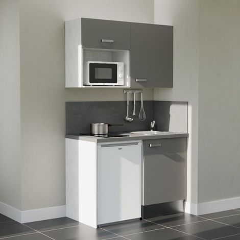 Kitchenette K07L-PT - 120 cm avec plan de travail et évier, emplacements frigo et micro-ondes - Façade Gris - Plan Gris béton - Evier Inox - Crédences Oui (1/5)