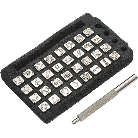 Set mit 32 Stempeln mit indischen Symbolmustern für Leder, mit gerändelten, rutschfesten Griffen und Stahlwerkzeugen für Lederarbeiten und Heimwerkerprojekte.