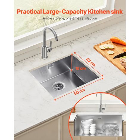 Évier de cuisine, 50 cm, évier sous plan en acier inox 304, évier à encastrer cuve simple avec accessoires, évier de lave-vaisselle… (1/5)