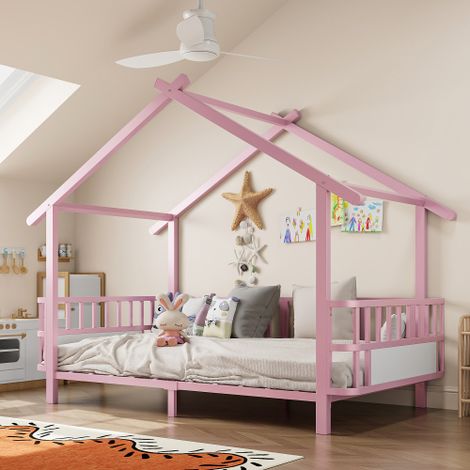 Letto per bambini in metallo a forma di casetta, 90 x 200 cm, con sponda di sicurezza, tetto decorativo e cornice decorativa, per bambini e bambine, rosa (1/5)