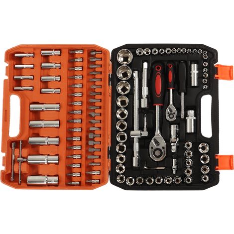 Kit d'assortiment de 108 outils de réparation mécanique : douilles à impact, cliquet, clés hexagonales et embouts de tournevis. (1/5)