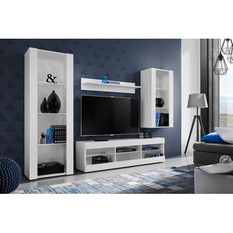 Komodee Ensemble de Meubles Tivoli Medio, Blanc/Blanc, Largeur 245cm x Hauteur 159cm x Profondeur 35cm, sans LED, 3 étagères, pour Salon, Chambre, Entrée