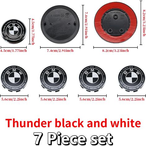 (45-82(3)-74-56x4, Chine continentale) - Convient pour BMW : logo Thunder noir et blanc, emblème de capot avant, badge arrière, cache-moyeu de roue, autocollant de volant (1/5)