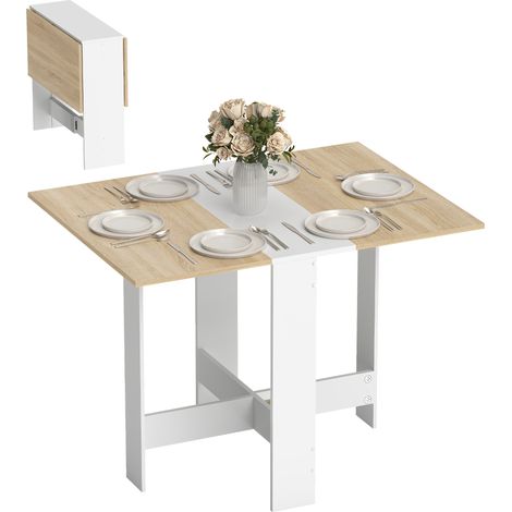 Folding Dining Table, Space-Saving Drop Leaf Kitchen Table for 4-6 People, Multi-functional Desk for Small Space, Flat & Studio, Modern Breakfast Table, Oak & White